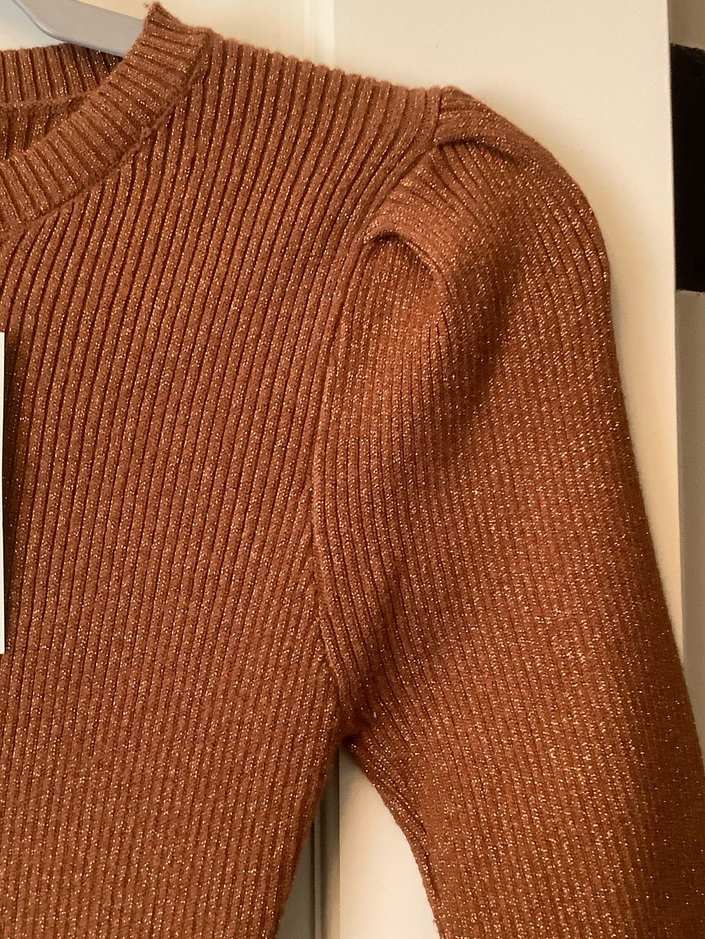 Francesca's Sparkle Rust Brown Ribbed Puff-Sleeve Bodycon Dress - Picture 4 of 7